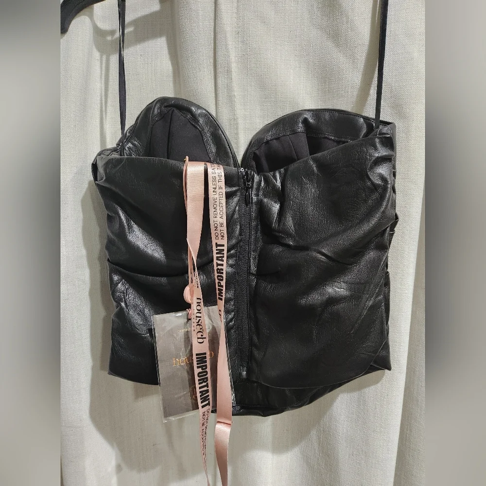 House of CB Saffira  Plunge Vegan Leather Corset Black Strapless Crop Top NWT - Picture 5 of 6